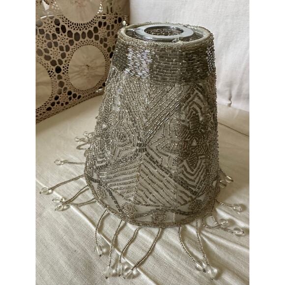 Beaded Lamp Shade Fringed gray small floral mesh 6x6x2.5” Victorian - Picture 7 of 14